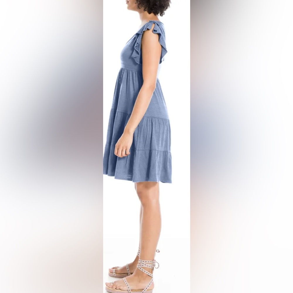 NWT Max Studio Ruffle Cap Sleeve Tiered Jersey Babydoll Dress Green Stripe - Picture 3 of 8